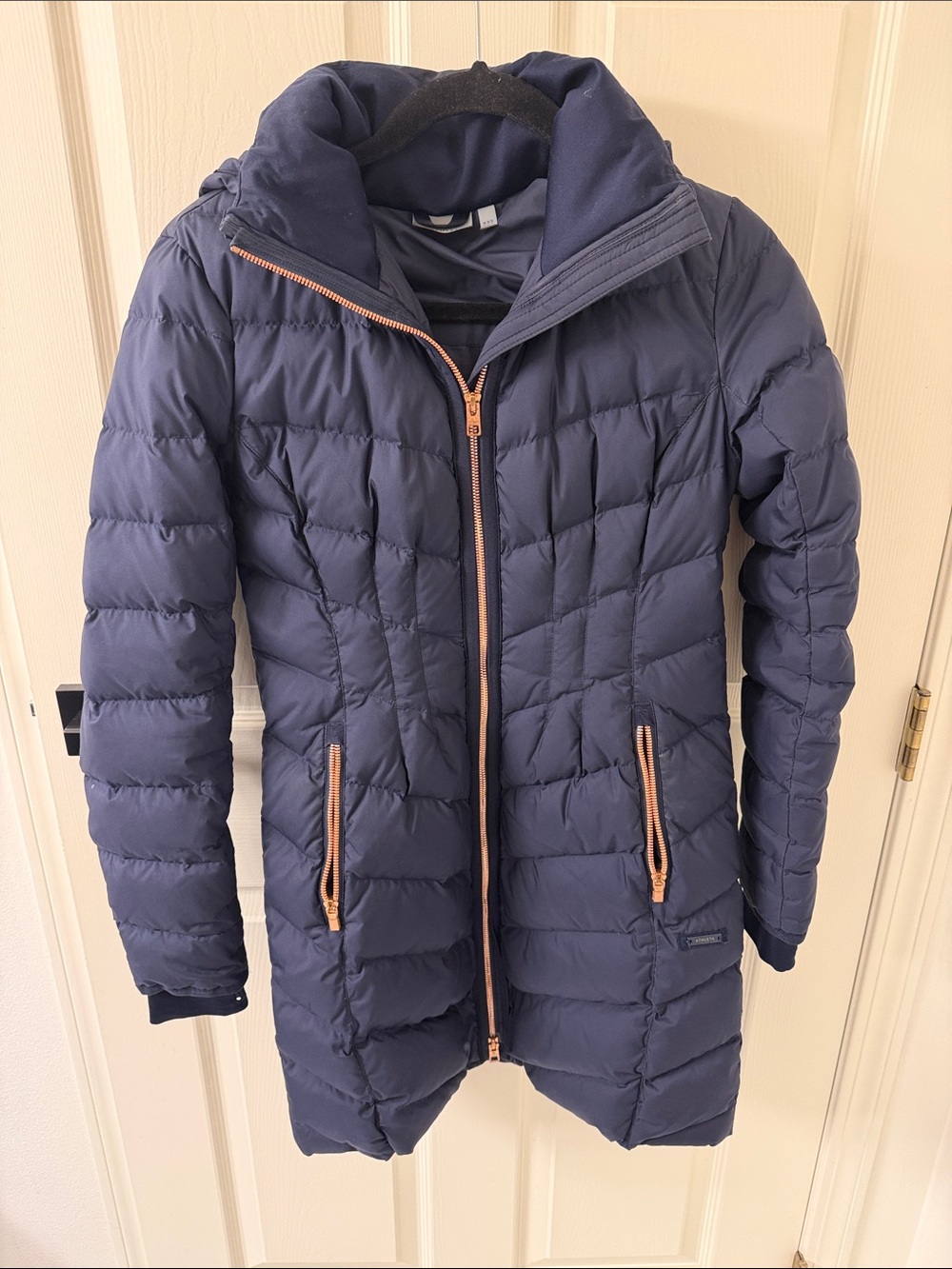 Athleta Navy Long Puffer Coat with Rose Gold Zippers